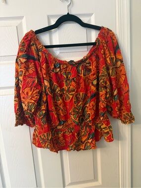 Rachel Zoe Red Orange Floral Off-Shoulder Peasant Blouse